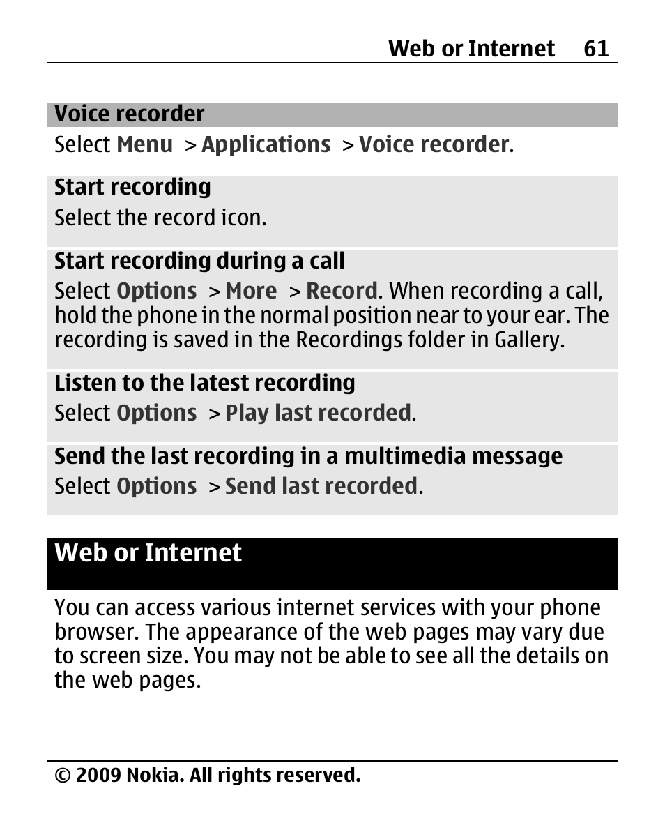 Voice recorder, Web or internet | Nokia X200 User Manual | Page 61 / 88