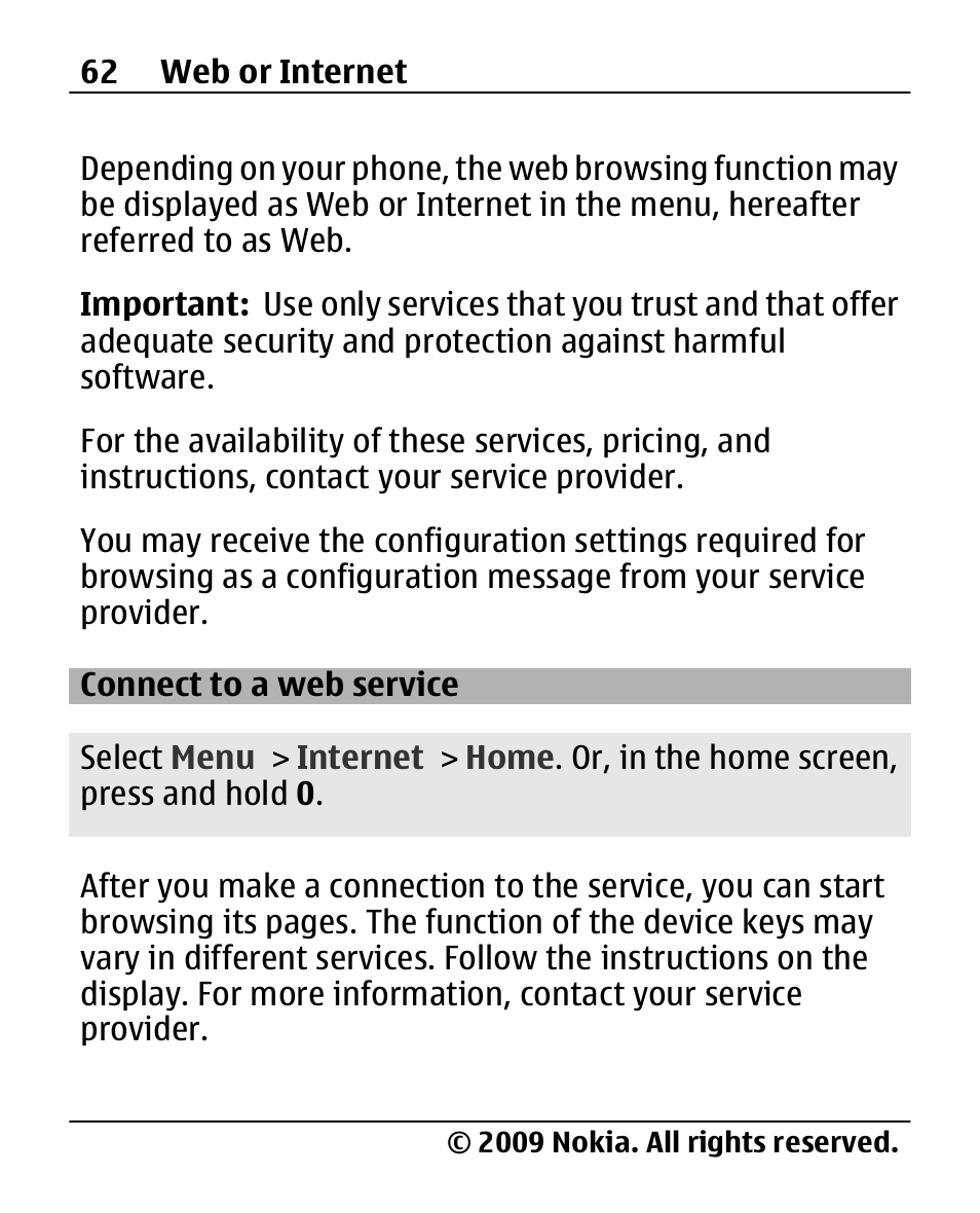 Connect to a web service, Connect to a web, Service | Nokia X200 User Manual | Page 62 / 88