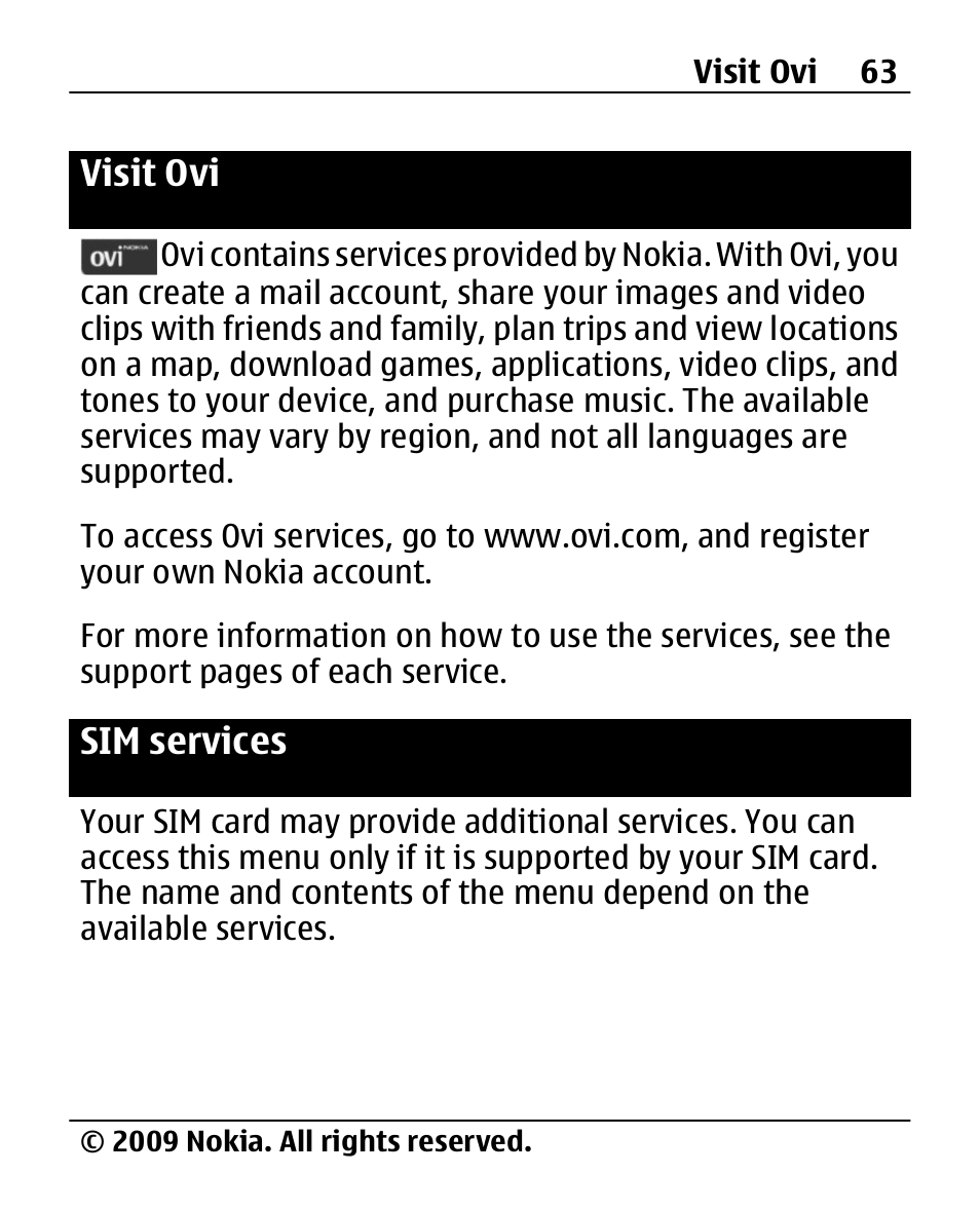 Visit ovi, Sim services | Nokia X200 User Manual | Page 63 / 88