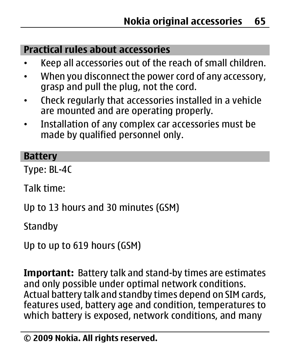 Practical rules about accessories, Battery, Practical rules about | Accessories | Nokia X200 User Manual | Page 65 / 88