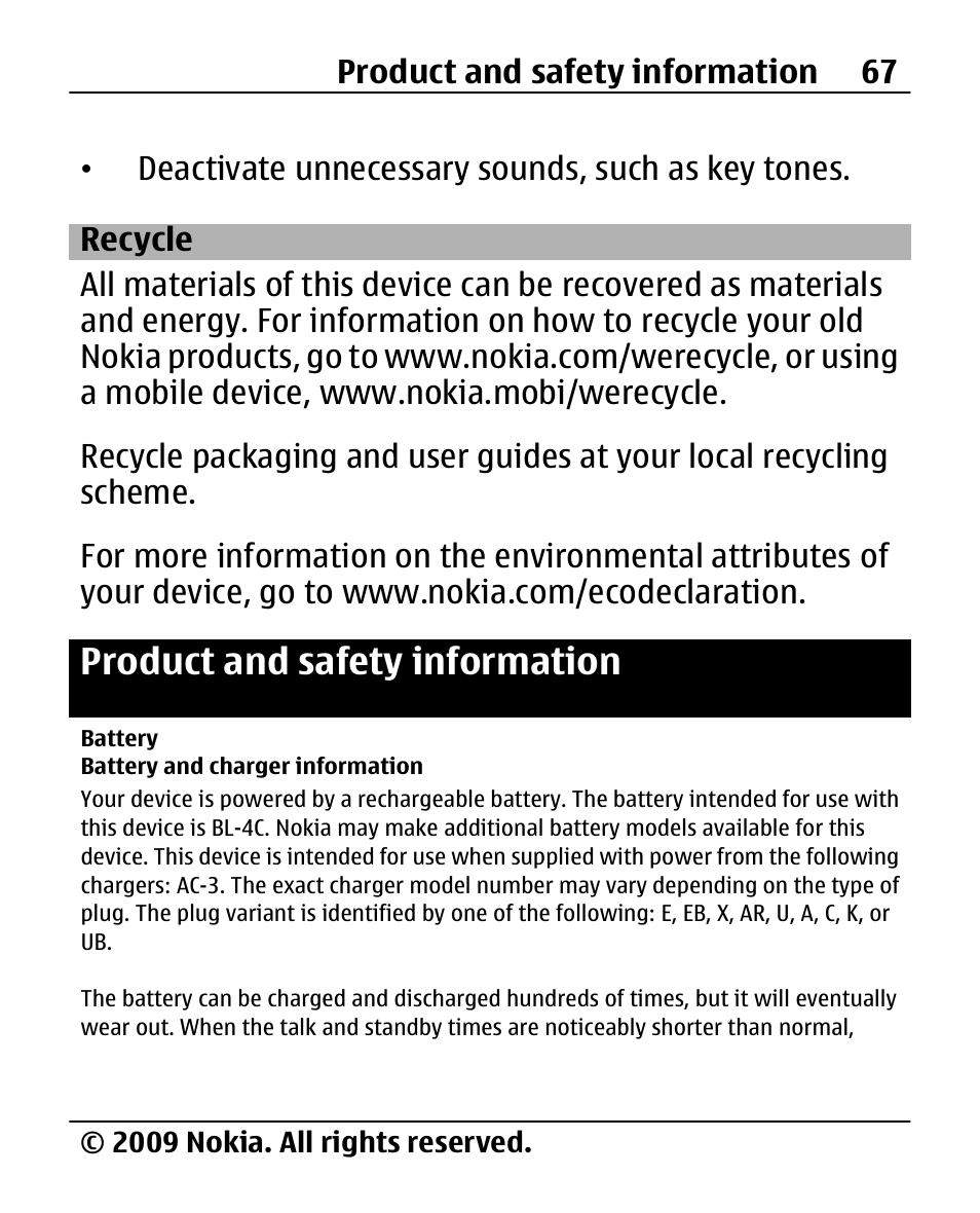 Recycle, Product and safety information, Battery | Battery and charger information, Product and safety, Information | Nokia X200 User Manual | Page 67 / 88
