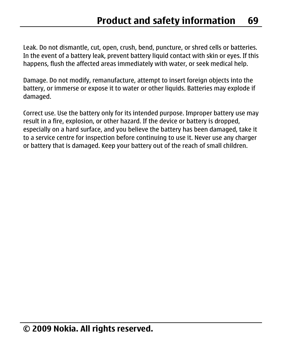 Nokia battery authentication guidelines, Product and safety information 69, 2009 nokia. all rights reserved | Nokia X200 User Manual | Page 69 / 88