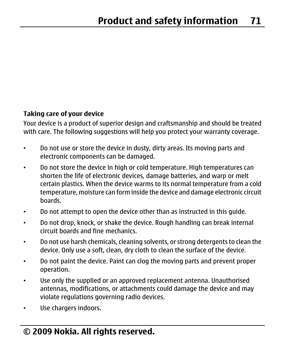 Taking care of your device, Product and safety information 71, 2009 nokia. all rights reserved | Nokia X200 User Manual | Page 71 / 88