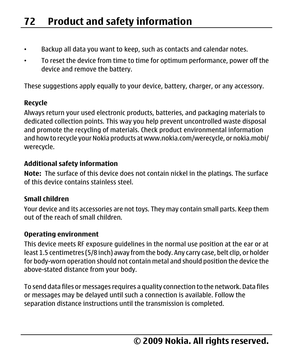 Recycle, Additional safety information, Small children | Operating environment, 72 product and safety information, 2009 nokia. all rights reserved | Nokia X200 User Manual | Page 72 / 88