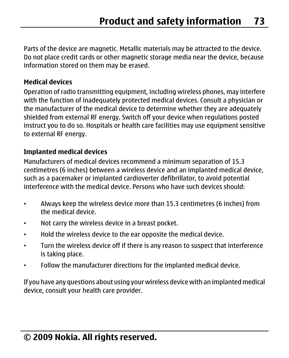 Medical devices, Implanted medical devices, Product and safety information 73 | 2009 nokia. all rights reserved | Nokia X200 User Manual | Page 73 / 88