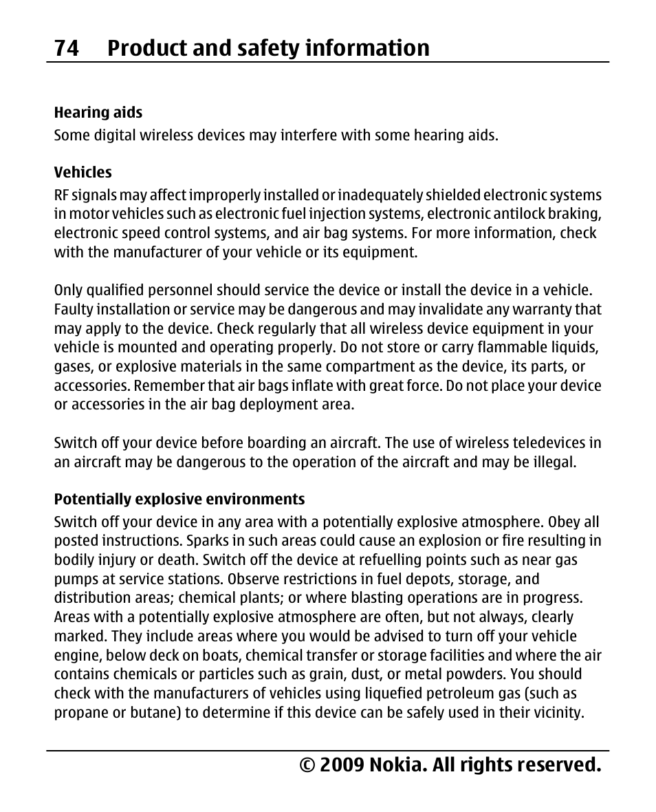 Hearing aids, Vehicles, Potentially explosive environments | 74 product and safety information, 2009 nokia. all rights reserved | Nokia X200 User Manual | Page 74 / 88