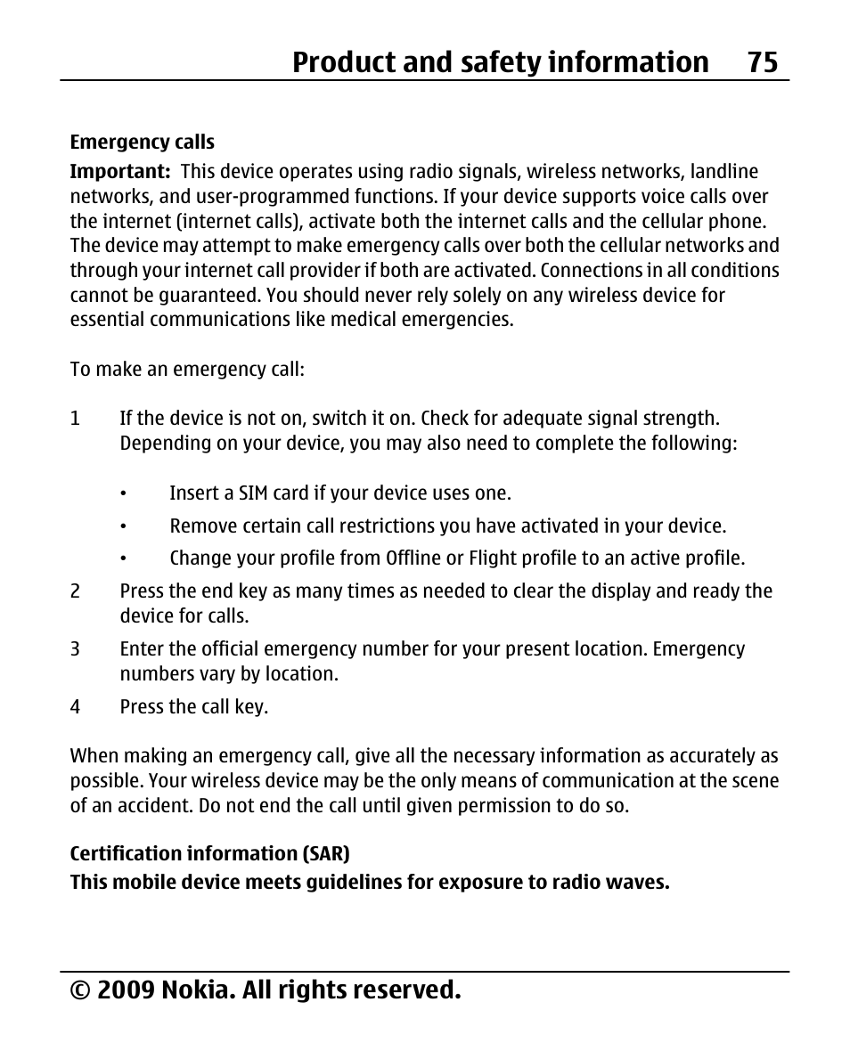 Emergency calls, Certification information (sar), Product and safety information 75 | 2009 nokia. all rights reserved | Nokia X200 User Manual | Page 75 / 88