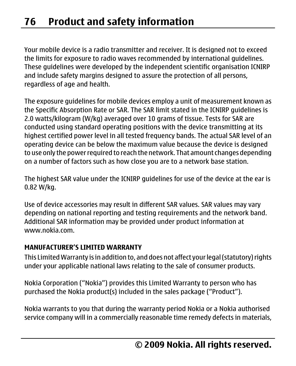 Manufacturer’s limited warranty, 76 product and safety information, 2009 nokia. all rights reserved | Nokia X200 User Manual | Page 76 / 88
