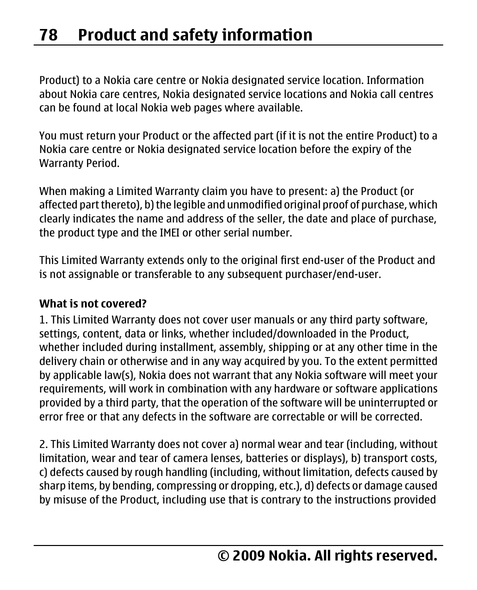 What is not covered, 78 product and safety information, 2009 nokia. all rights reserved | Nokia X200 User Manual | Page 78 / 88