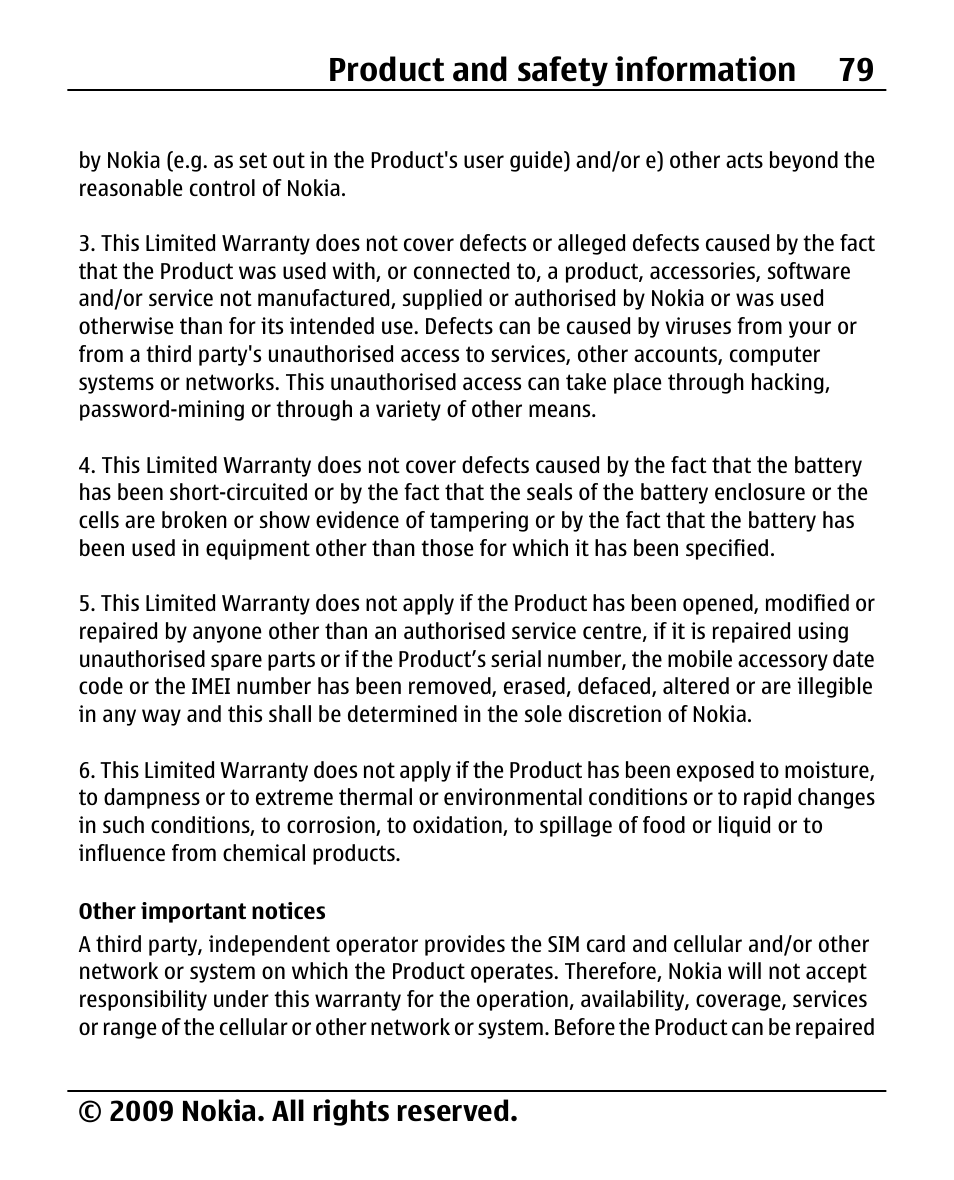 Other important notices, Product and safety information 79, 2009 nokia. all rights reserved | Nokia X200 User Manual | Page 79 / 88