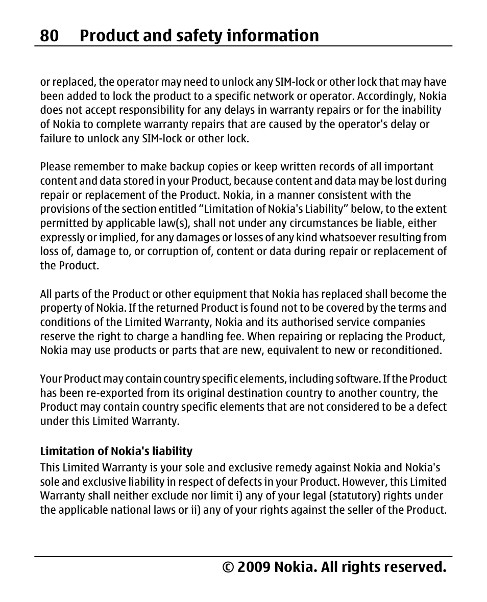 Limitation of nokia's liability, 80 product and safety information, 2009 nokia. all rights reserved | Nokia X200 User Manual | Page 80 / 88