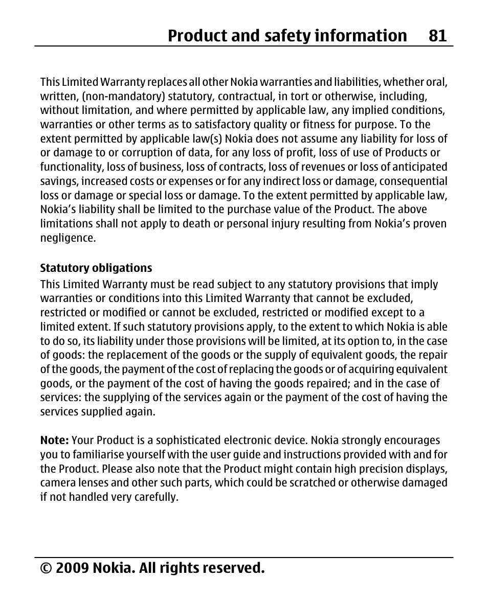 Statutory obligations, Product and safety information 81, 2009 nokia. all rights reserved | Nokia X200 User Manual | Page 81 / 88