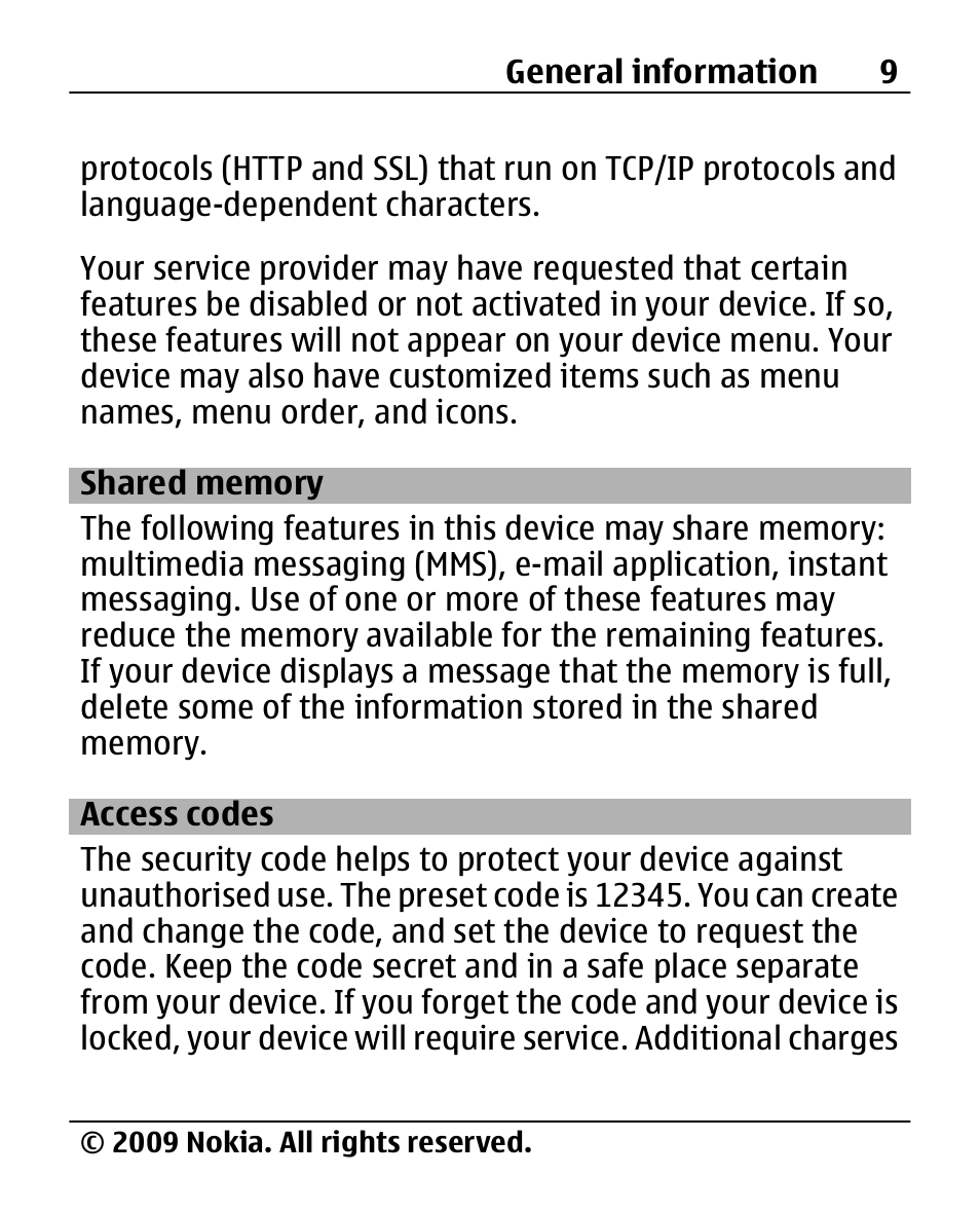 Shared memory, Access codes | Nokia X200 User Manual | Page 9 / 88