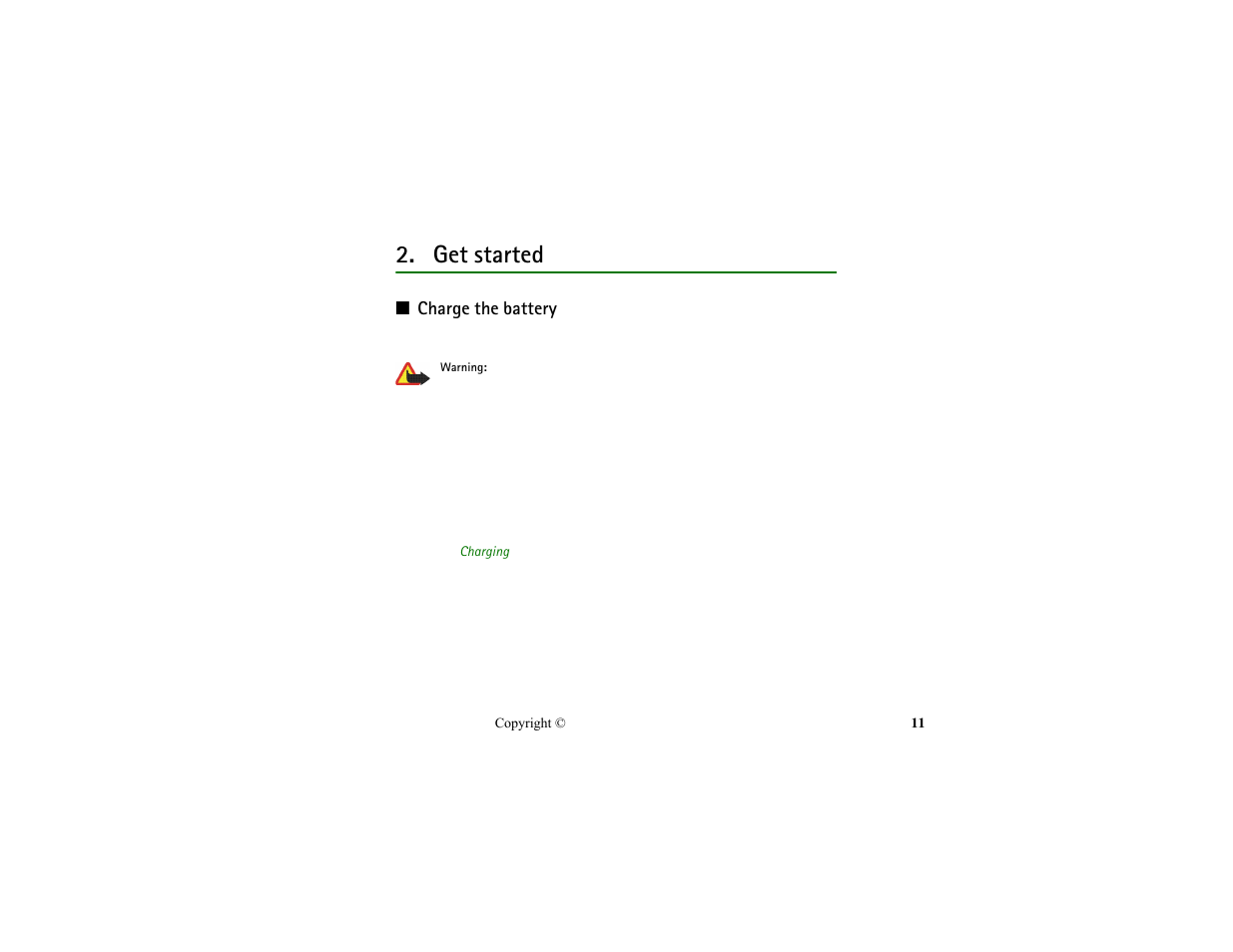 Get started, Charge the battery | Nokia HS-13W User Manual | Page 11 / 46