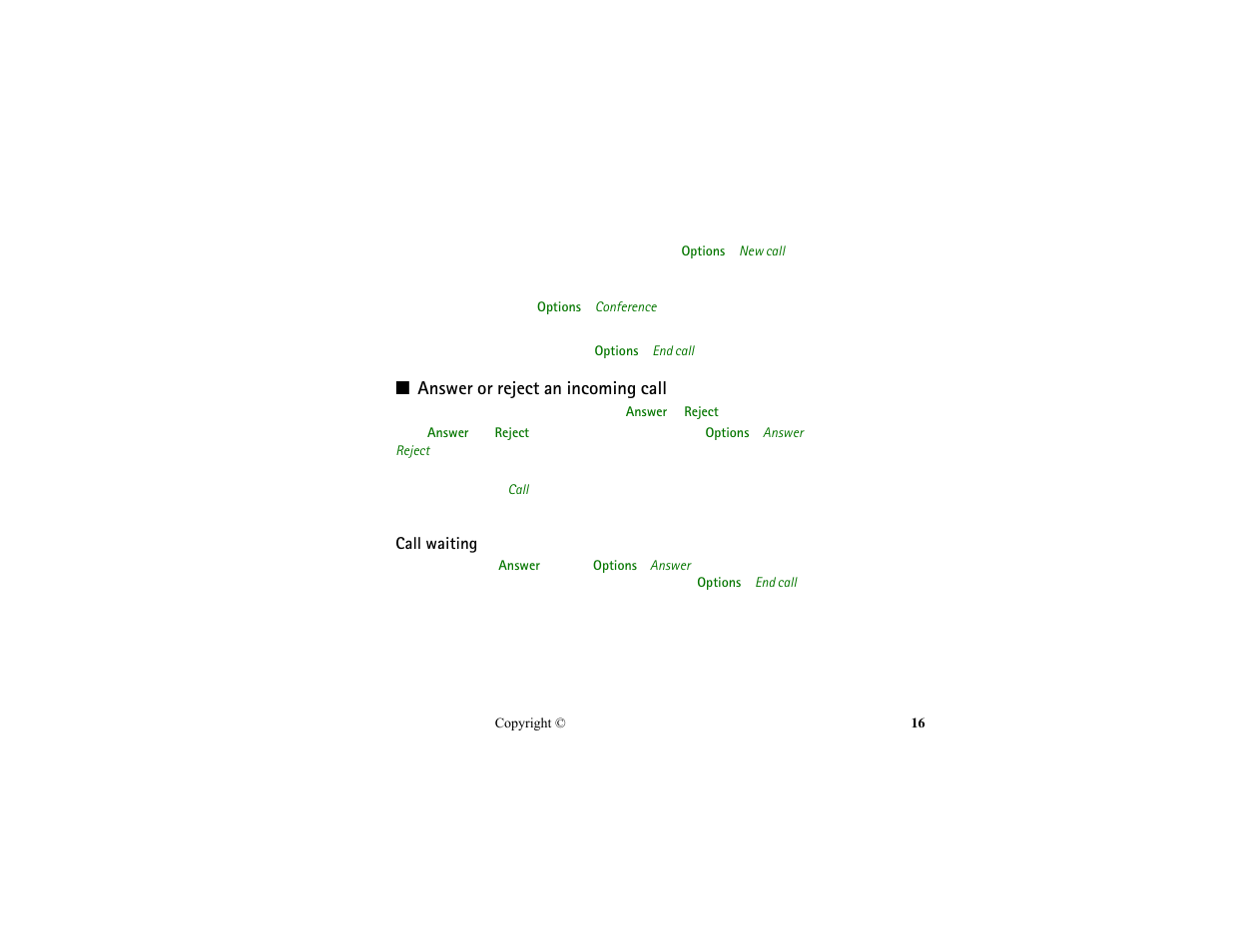 Answer or reject an incoming call, Call waiting | Nokia HS-13W User Manual | Page 16 / 46