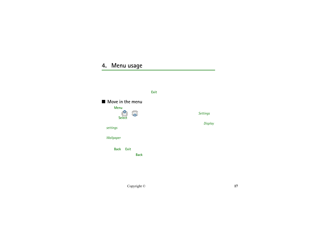 Menu usage, Move in the menu | Nokia HS-13W User Manual | Page 17 / 46