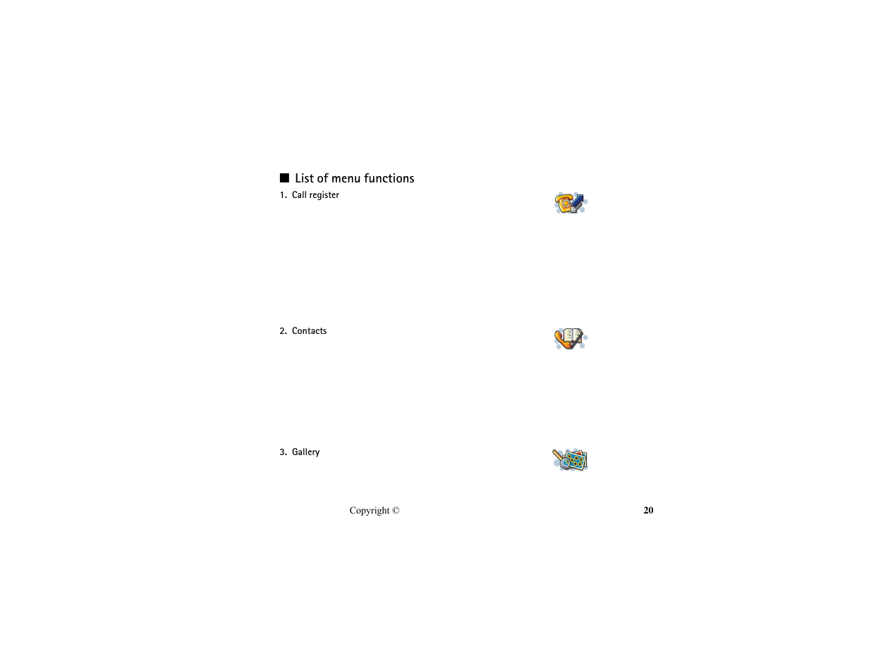 List of menu functions | Nokia HS-13W User Manual | Page 20 / 46