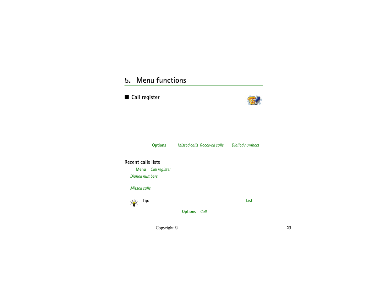 Menu functions, Call register, Recent calls lists | Charging and discharging, Ed. see | Nokia HS-13W User Manual | Page 23 / 46
