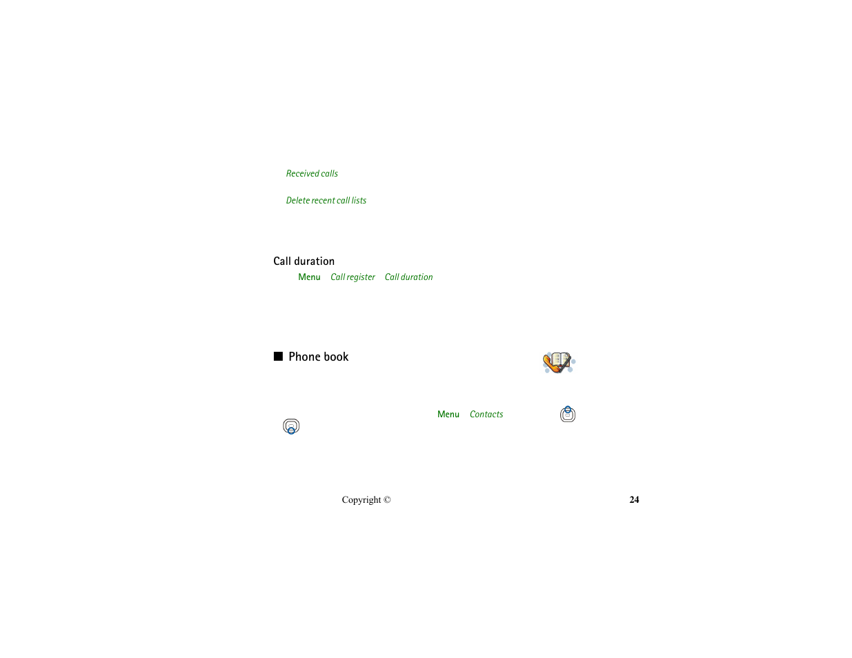 Call duration, Phone book | Nokia HS-13W User Manual | Page 24 / 46