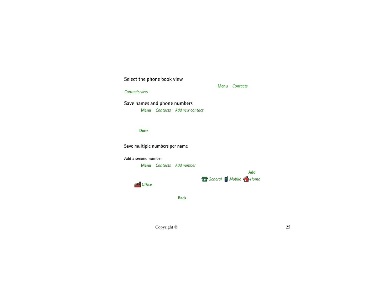 Select the phone book view, Save names and phone numbers | Nokia HS-13W User Manual | Page 25 / 46