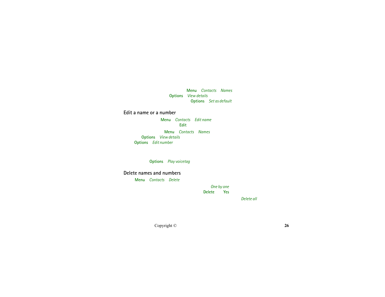 Edit a name or a number, Delete names and numbers, Edit a name or a number delete names and numbers | Nokia HS-13W User Manual | Page 26 / 46