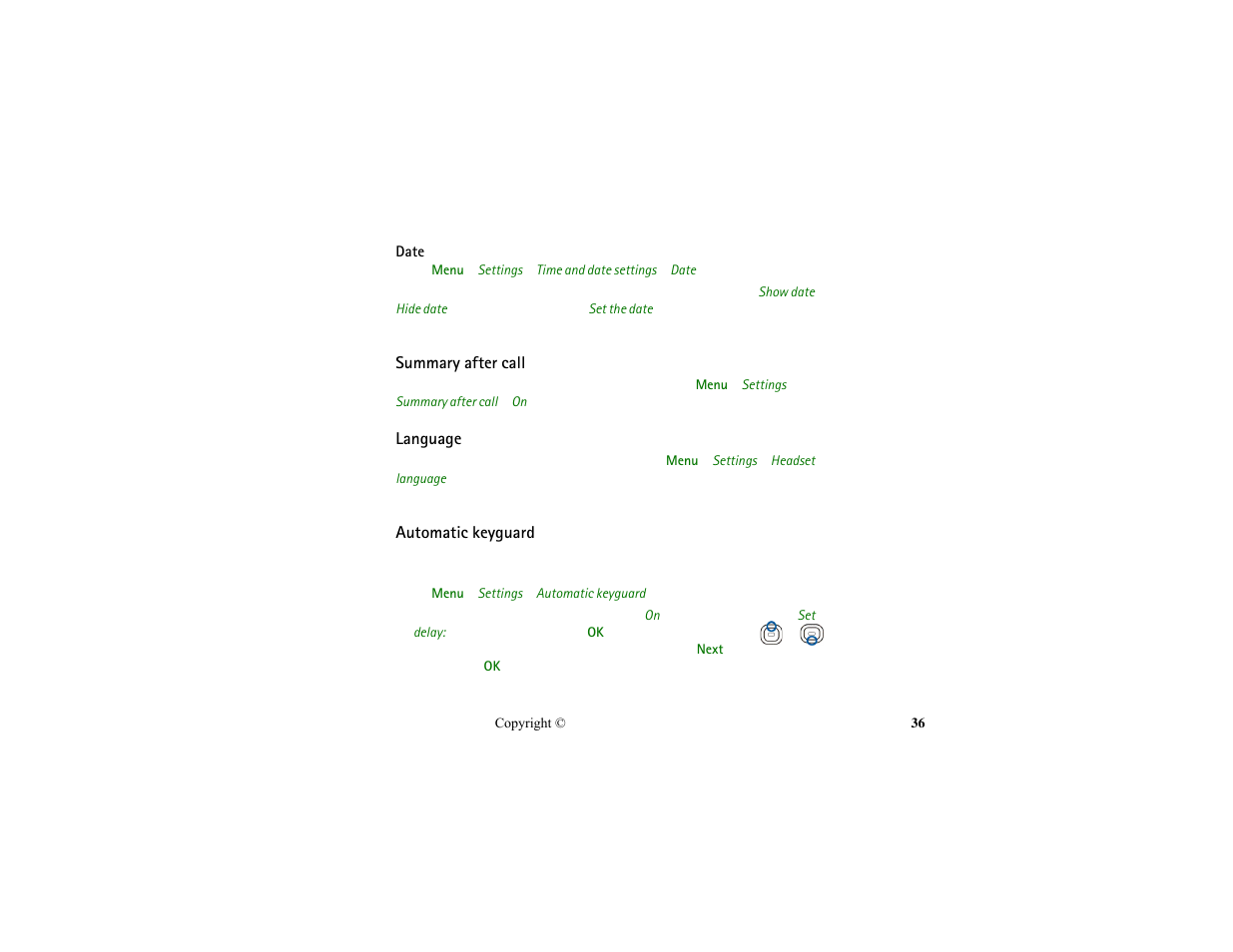 Summary after call, Language, Automatic keyguard | Summary after call language automatic keyguard | Nokia HS-13W User Manual | Page 36 / 46