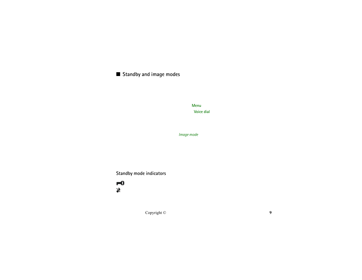 Standby and image modes, Standby mode indicators | Nokia HS-13W User Manual | Page 9 / 46
