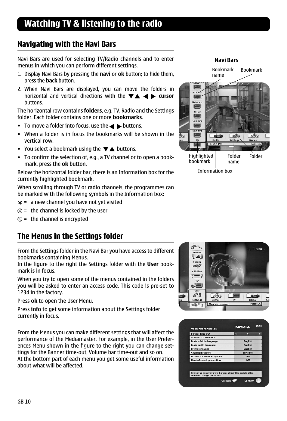 Watching tv & listening to the radio, Navigating with the navi bars, The menus in the settings folder | Nokia 120 C User Manual | Page 10 / 16