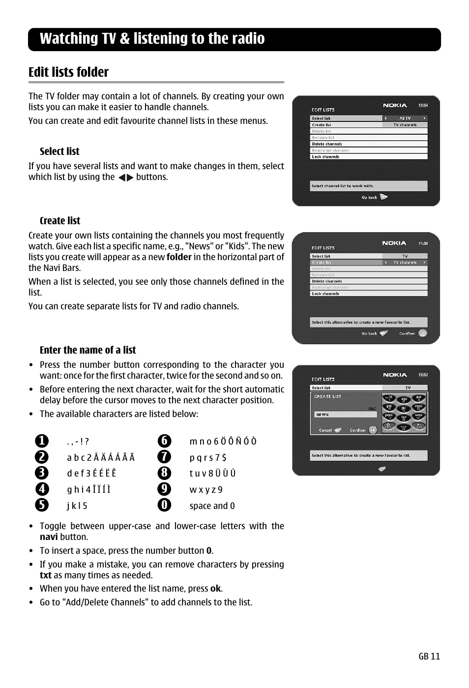 Edit lists folder, Watching tv & listening to the radio | Nokia 120 C User Manual | Page 11 / 16