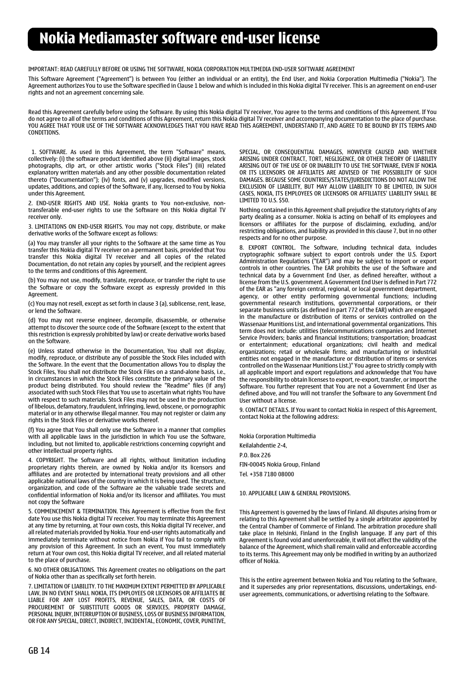Nokia mediamaster software end-user license, Gb 14 | Nokia 120 C User Manual | Page 14 / 16