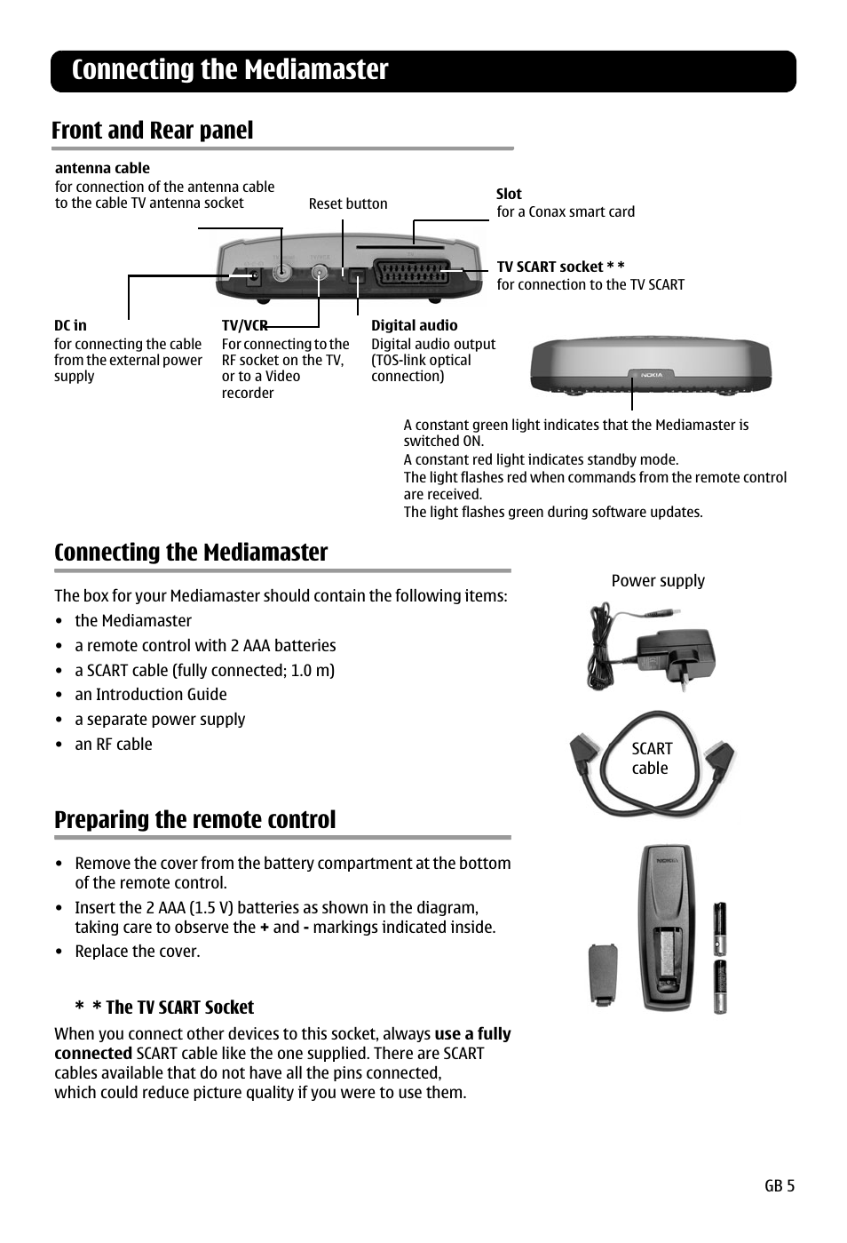 Connecting the mediamaster, Front and rear panel, Preparing the remote control | Nokia 120 C User Manual | Page 5 / 16