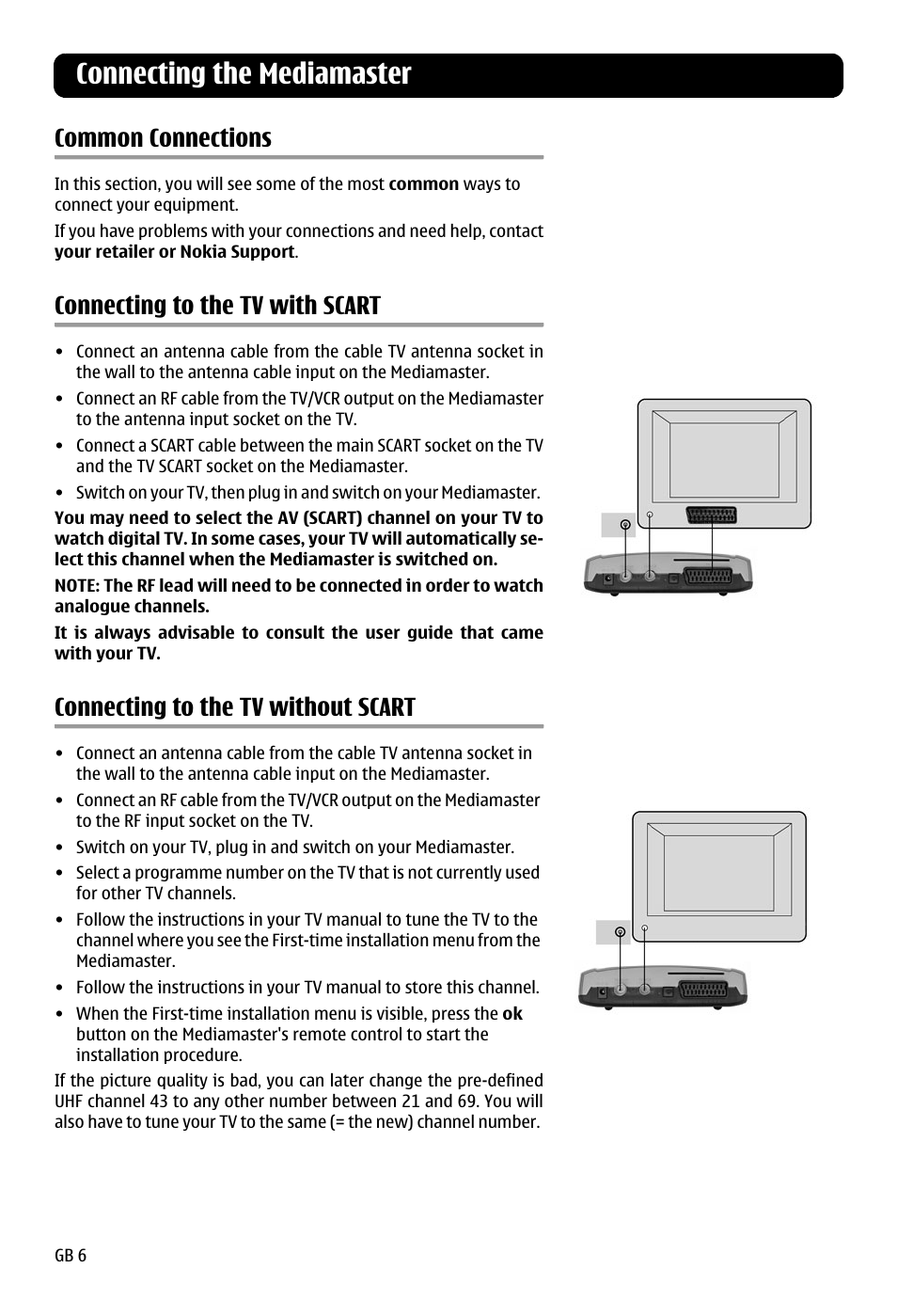 Common connections, Connecting to the tv with scart, Connecting to the tv without scart | Connecting the mediamaster | Nokia 120 C User Manual | Page 6 / 16