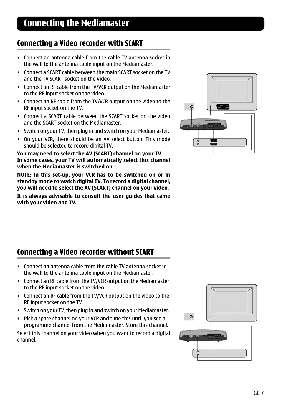 Connecting a video recorder with scart, Connecting a video recorder without scart, Connecting the mediamaster | Nokia 120 C User Manual | Page 7 / 16