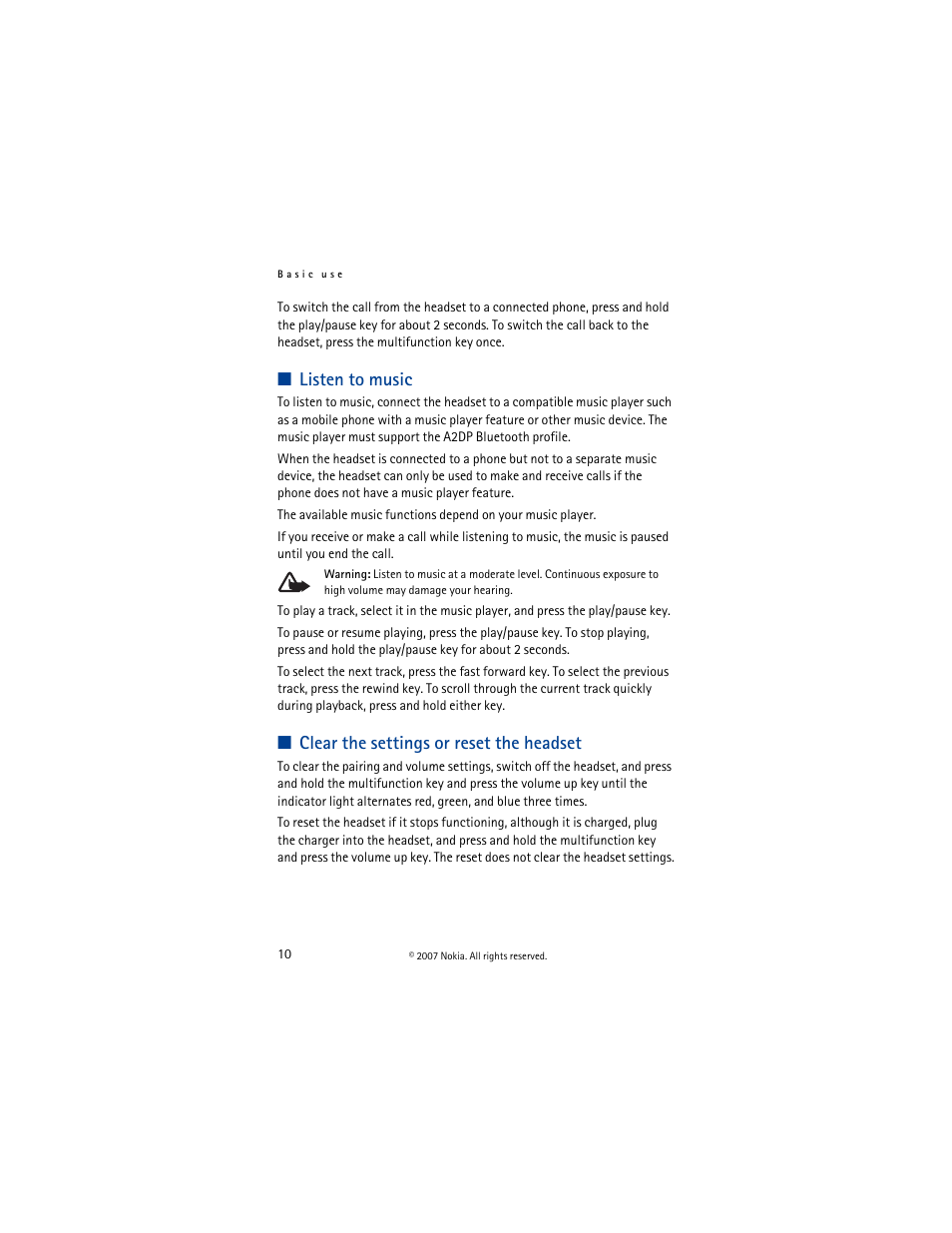 Listen to music, Clear the settings or reset the headset | Nokia BH-503 User Manual | Page 10 / 48