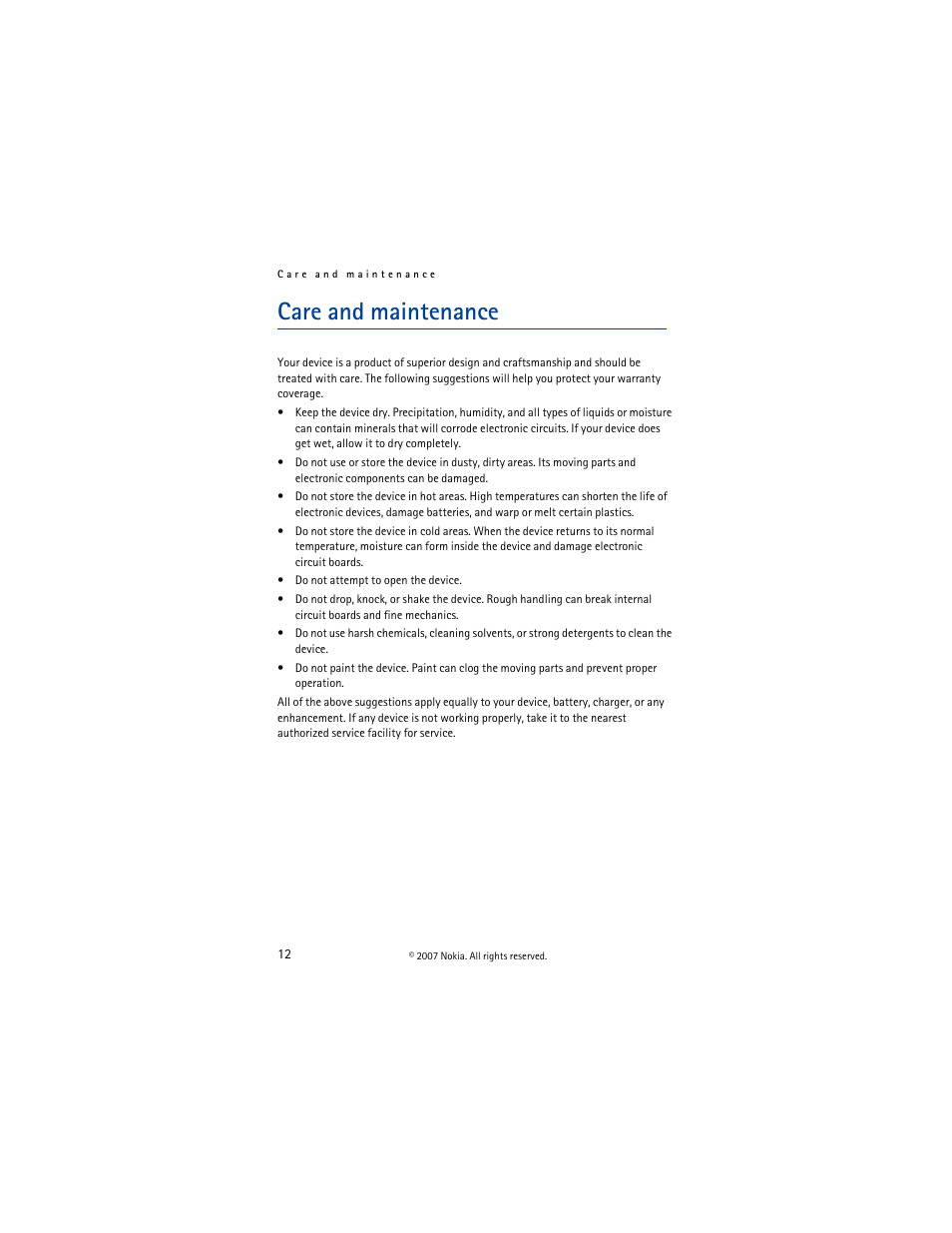 Care and maintenance | Nokia BH-503 User Manual | Page 12 / 48