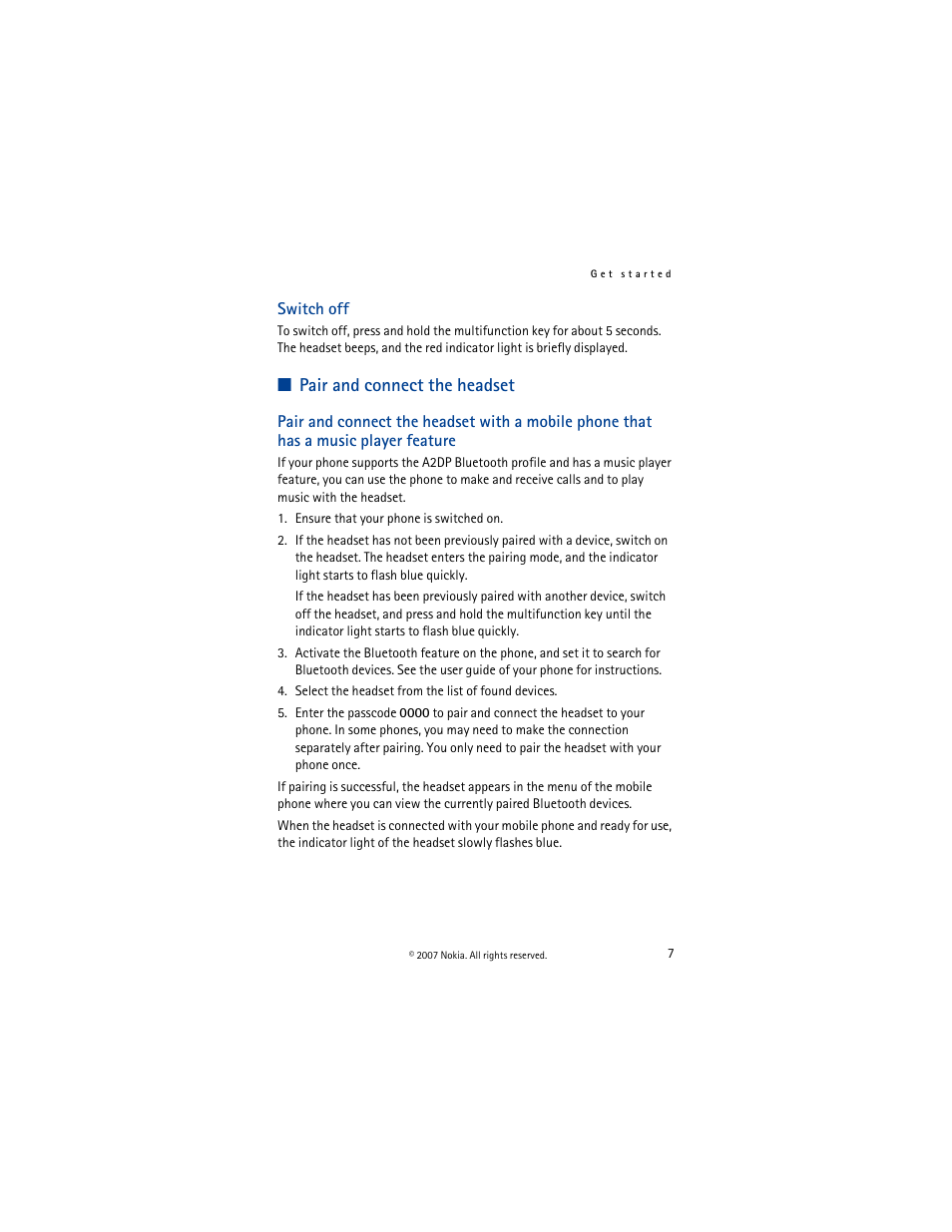 Switch off, Pair and connect the headset, Pair | And connect the headset, English | Nokia BH-503 User Manual | Page 7 / 48