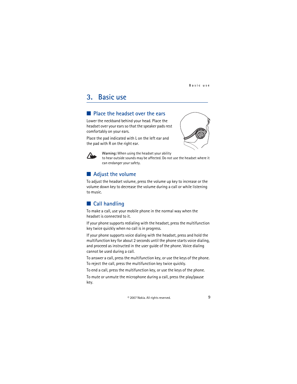 Basic use, Place the headset over the ears, Adjust the volume | Call handling, English | Nokia BH-503 User Manual | Page 9 / 48