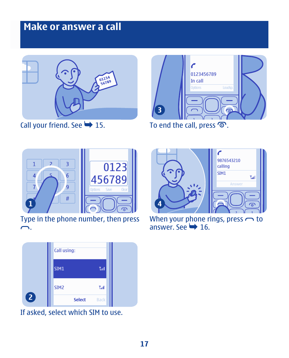 Make or answer a call | Nokia 112 User Manual | Page 17 / 73