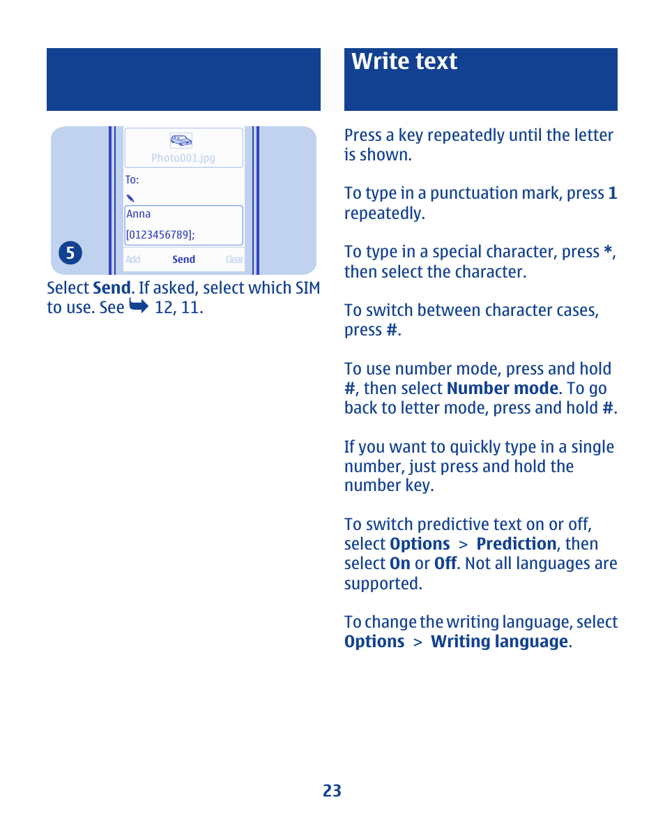 Write text | Nokia 112 User Manual | Page 23 / 73