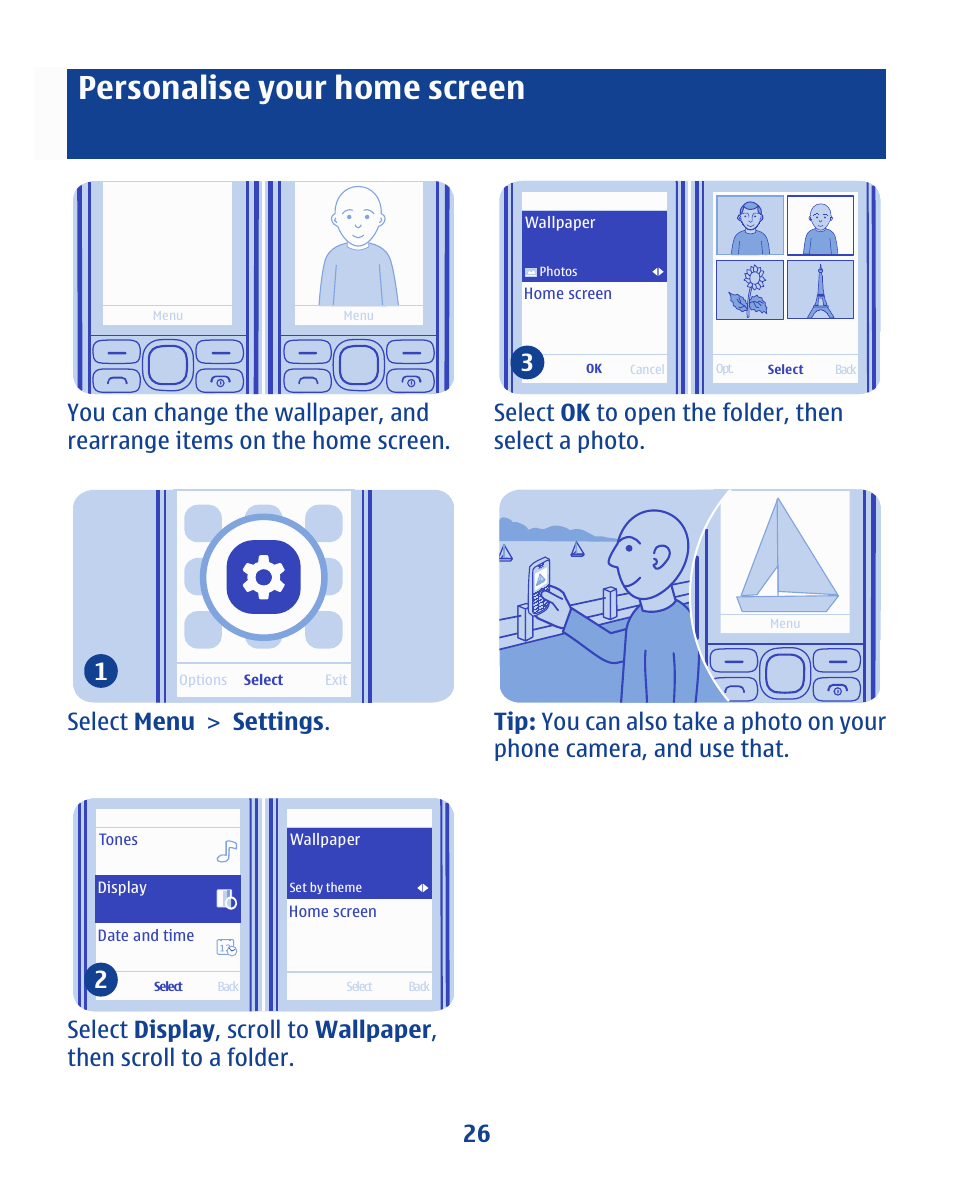 Personalise your home screen, Select menu > settings . 1 | Nokia 112 User Manual | Page 26 / 73