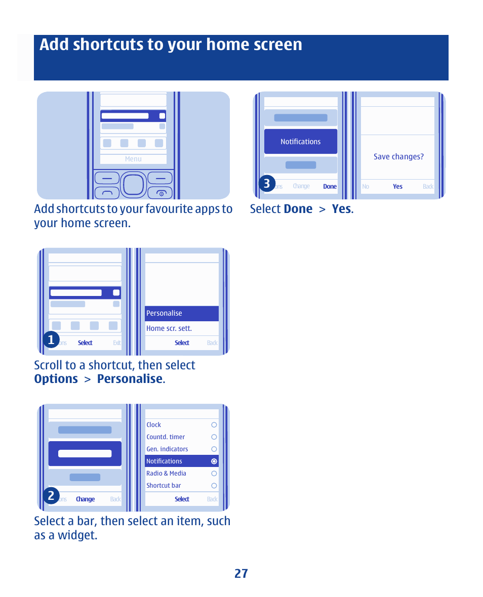 Add shortcuts to your home screen, Select done > yes . 3 27 | Nokia 112 User Manual | Page 27 / 73