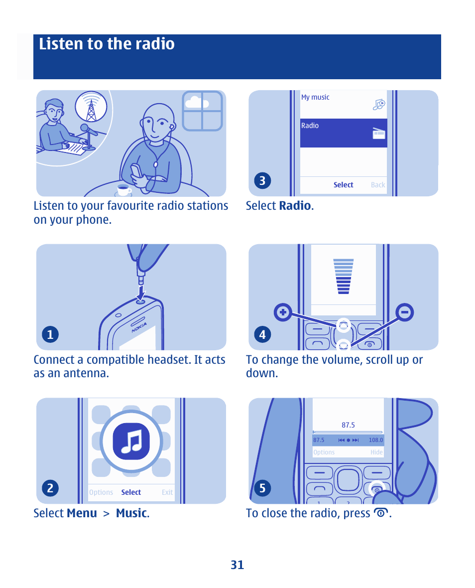 Listen to the radio, Select menu > music . 2 | Nokia 112 User Manual | Page 31 / 73