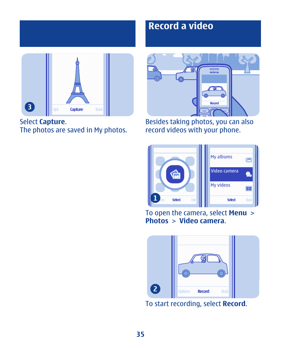 Record a video | Nokia 112 User Manual | Page 35 / 73