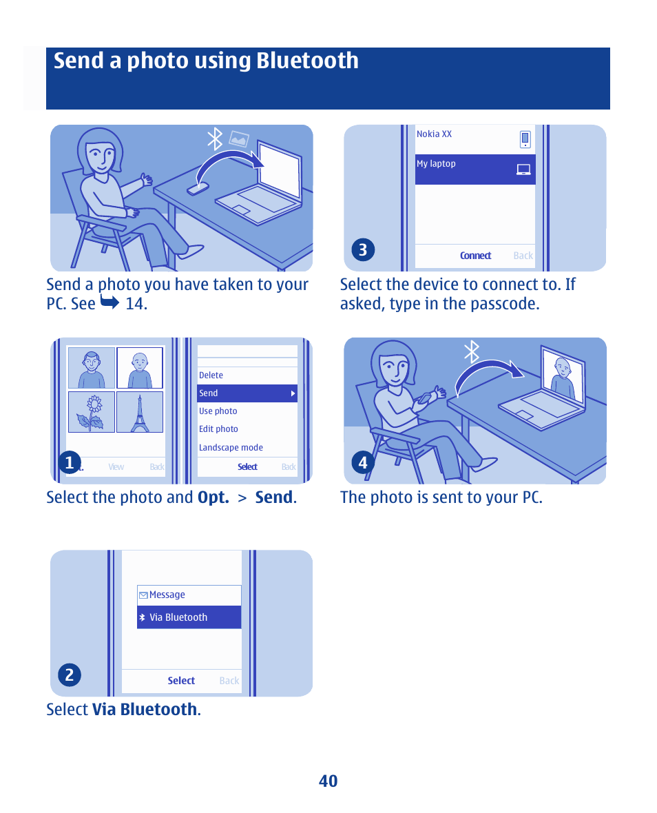 Send a photo using bluetooth, Send a photo you have taken to your pc. see 14, Select the photo and opt. > send . 1 | Select via bluetooth . 2 | Nokia 112 User Manual | Page 40 / 73