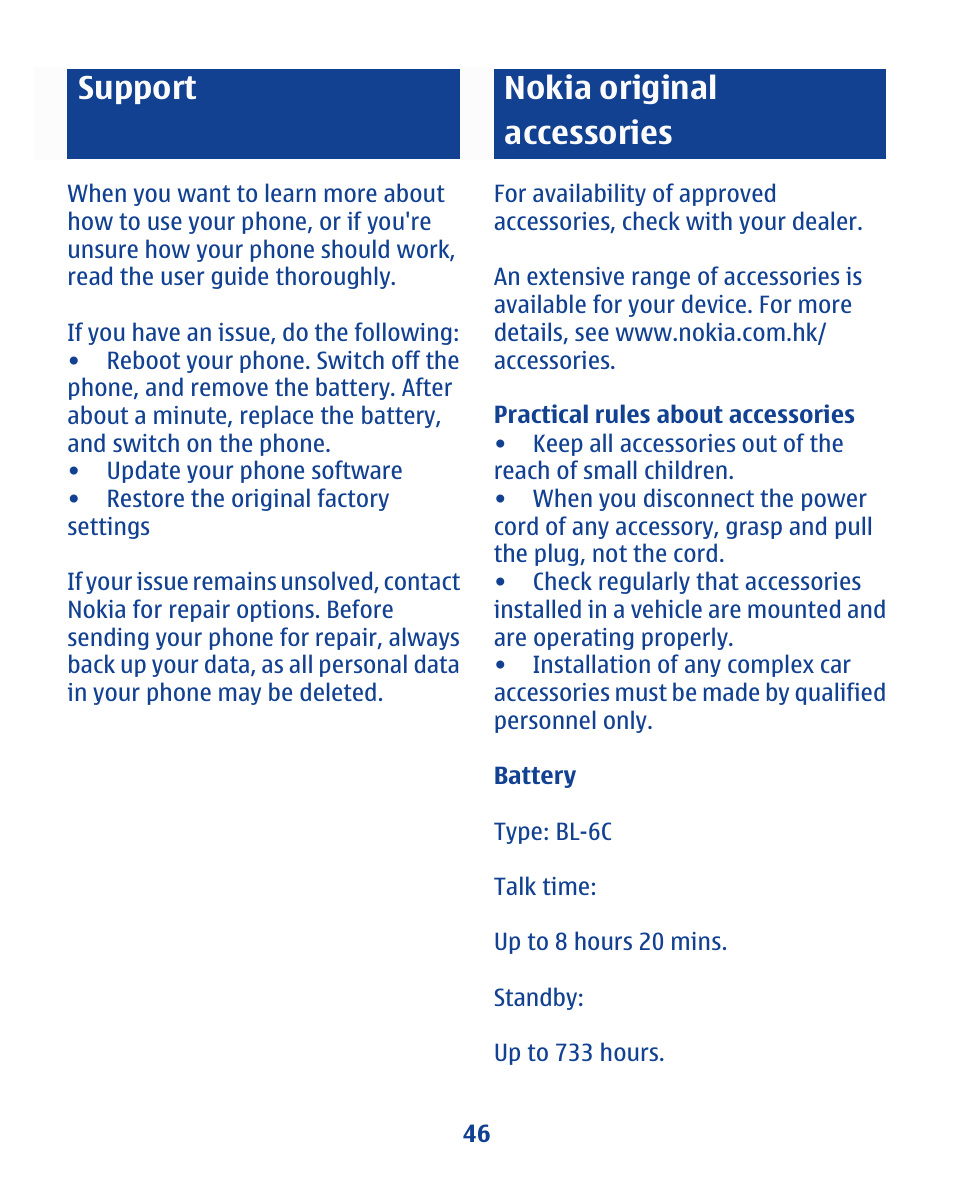 Support, Nokia original accessories, Practical rules about accessories | Battery | Nokia 112 User Manual | Page 46 / 73