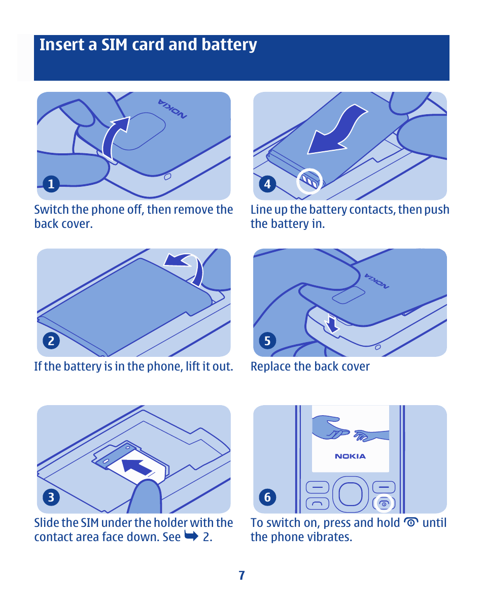 Insert a sim card and battery | Nokia 112 User Manual | Page 7 / 73