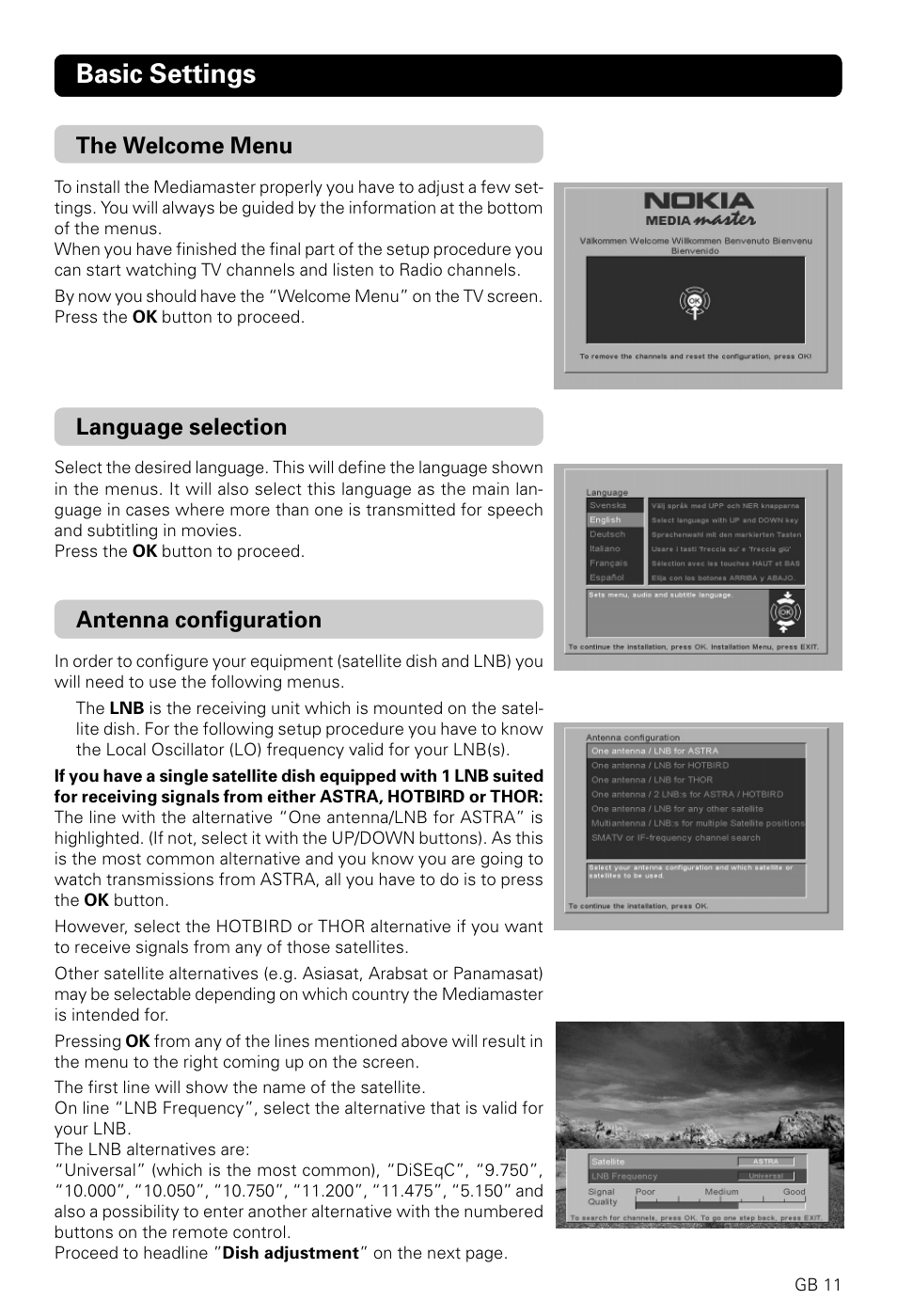 Basic settings, Antenna configuration, Language selection | The welcome menu | Nokia 9600S User Manual | Page 11 / 28