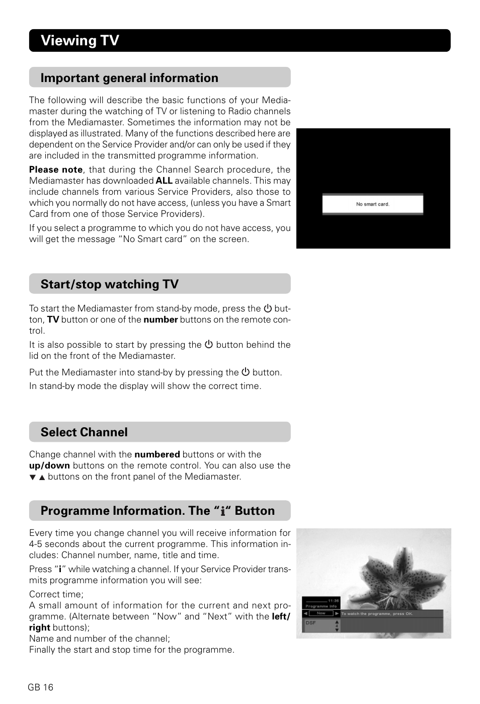 Viewing tv, Start/stop watching tv, Select channel | Programme information. the “ “ button, Important general information | Nokia 9600S User Manual | Page 16 / 28