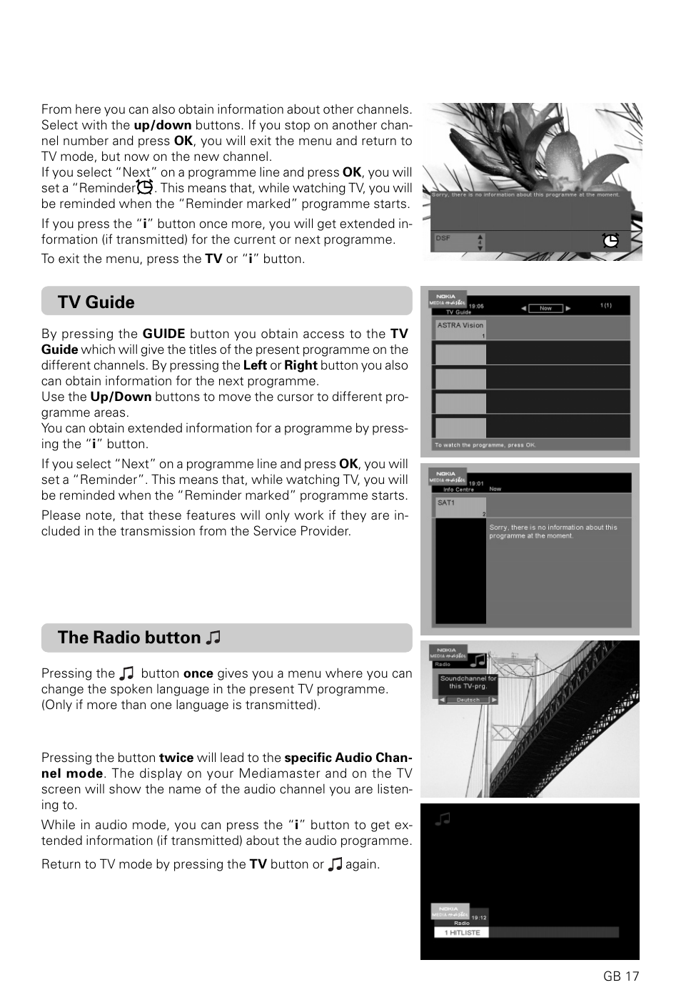 The radio button, Tv guide | Nokia 9600S User Manual | Page 17 / 28