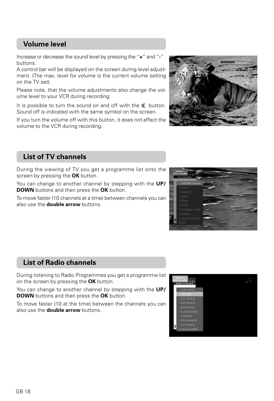 List of tv channels, List of radio channels, Volume level | Nokia 9600S User Manual | Page 18 / 28
